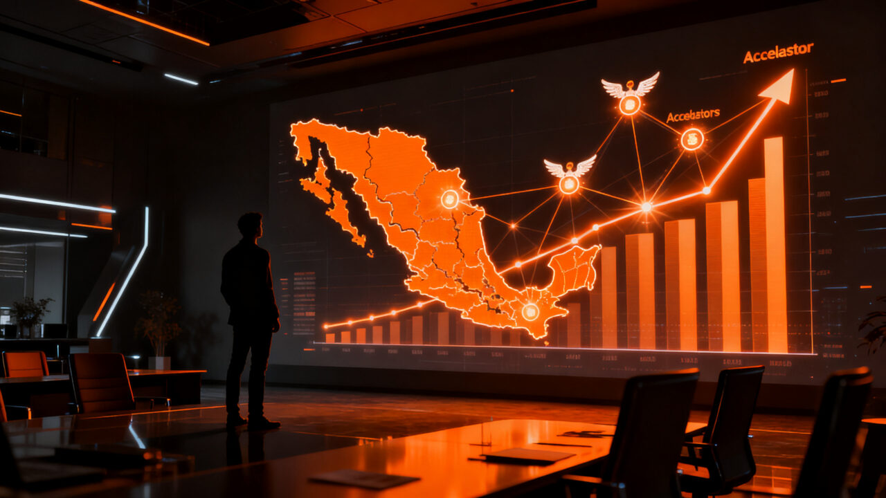 Fundador de startup frente a un mapa digital de México analizando opciones de capital semilla y venture capital en 2026.