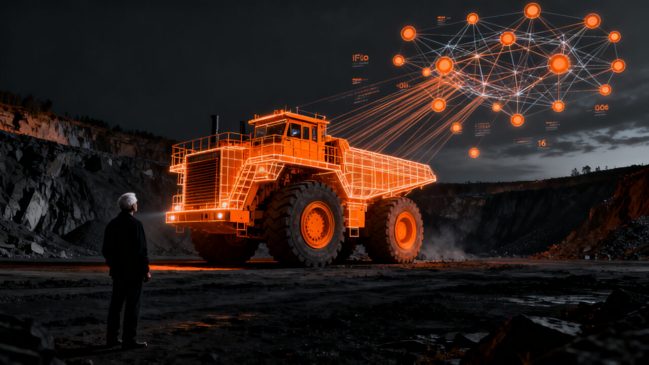 Transformación digital con IA industrial en maquinaria pesada de minería y construcción, destacando la automatización y el uso de gemelos digitales.