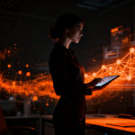 Mujer emprendedora interactuando con herramientas de inteligencia artificial y digitalización en la Ciudad de México.