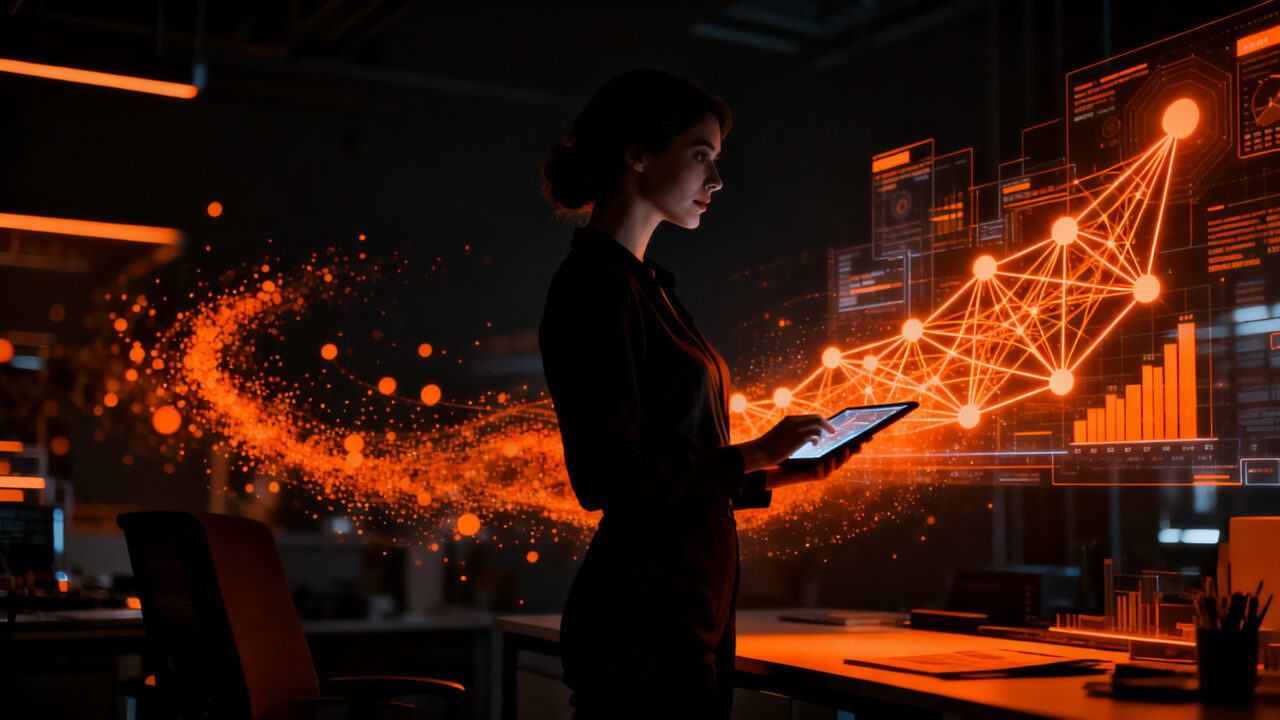Mujer emprendedora interactuando con herramientas de inteligencia artificial y digitalización en la Ciudad de México.