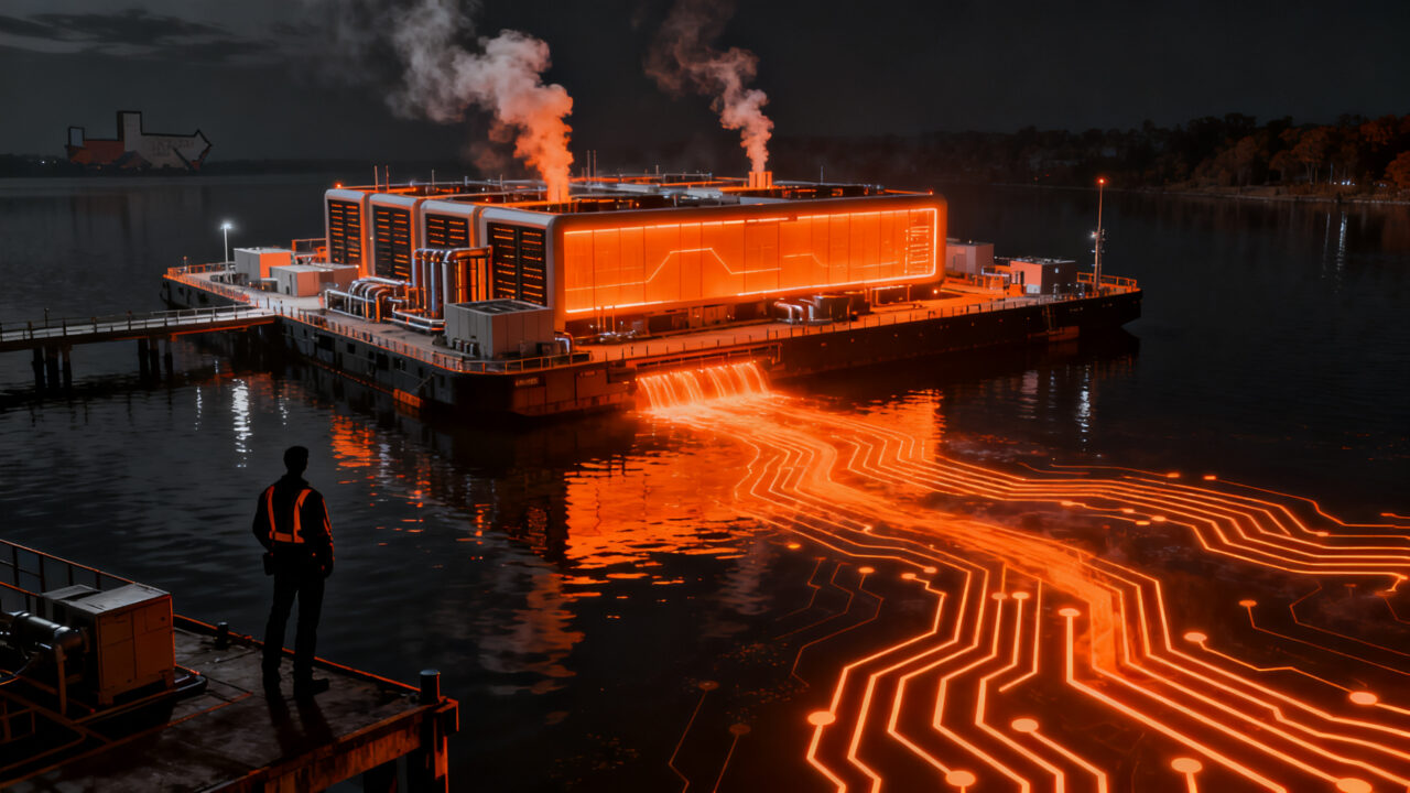 Centro de datos flotante de Samsung y Mousterian en Texas, representando la infraestructura de IA y los desafíos energéticos del sector.