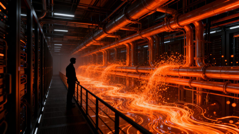 Infraestructura de centro de datos de IA con sistemas de enfriamiento sostenible, representando el consumo de agua y la innovación tecnológica.