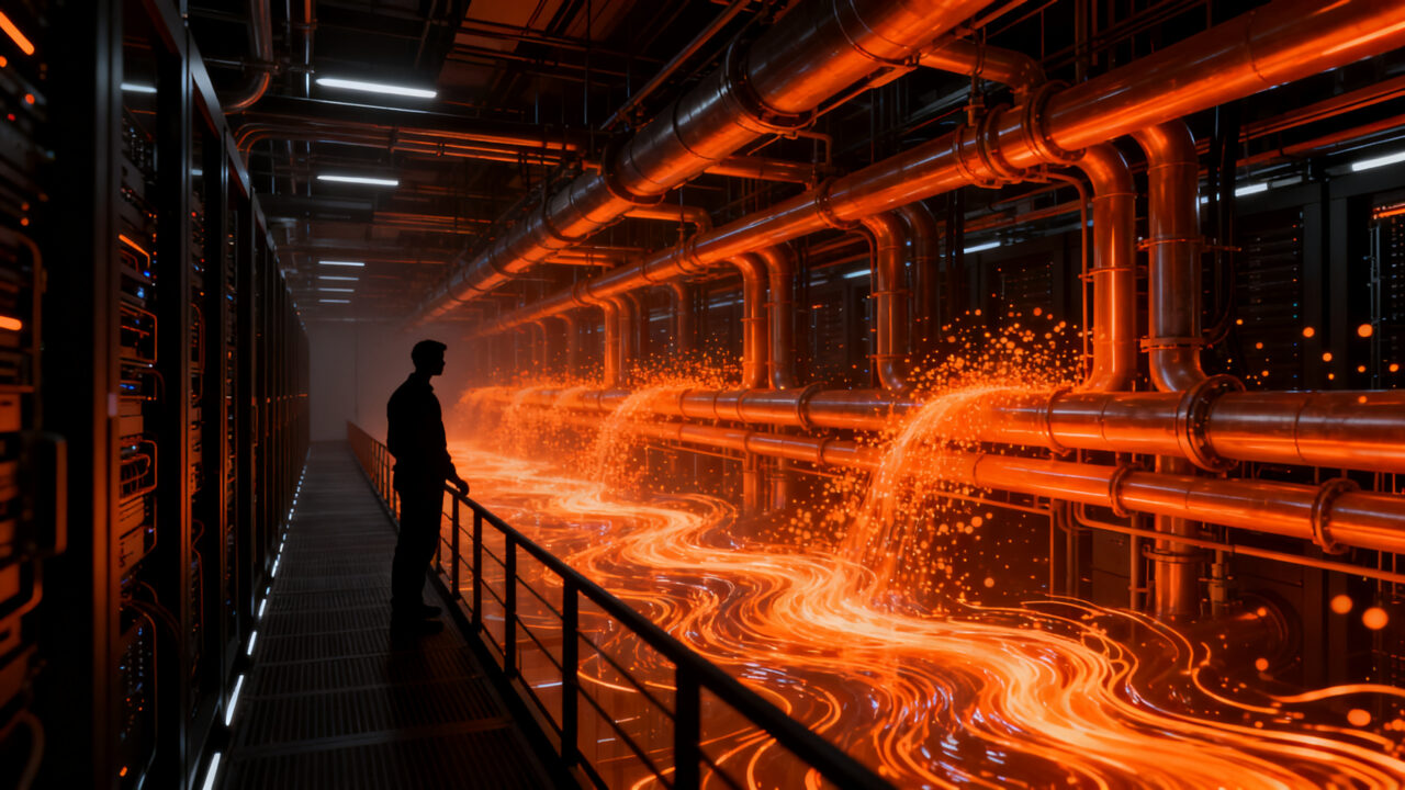 Infraestructura de centro de datos de IA con sistemas de enfriamiento sostenible, representando el consumo de agua y la innovación tecnológica.