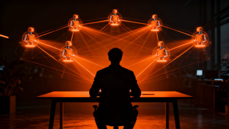 Founder gestionando agentes de IA para automatizar productos digitales con bajo presupuesto, representando productividad y arquitectura de software.