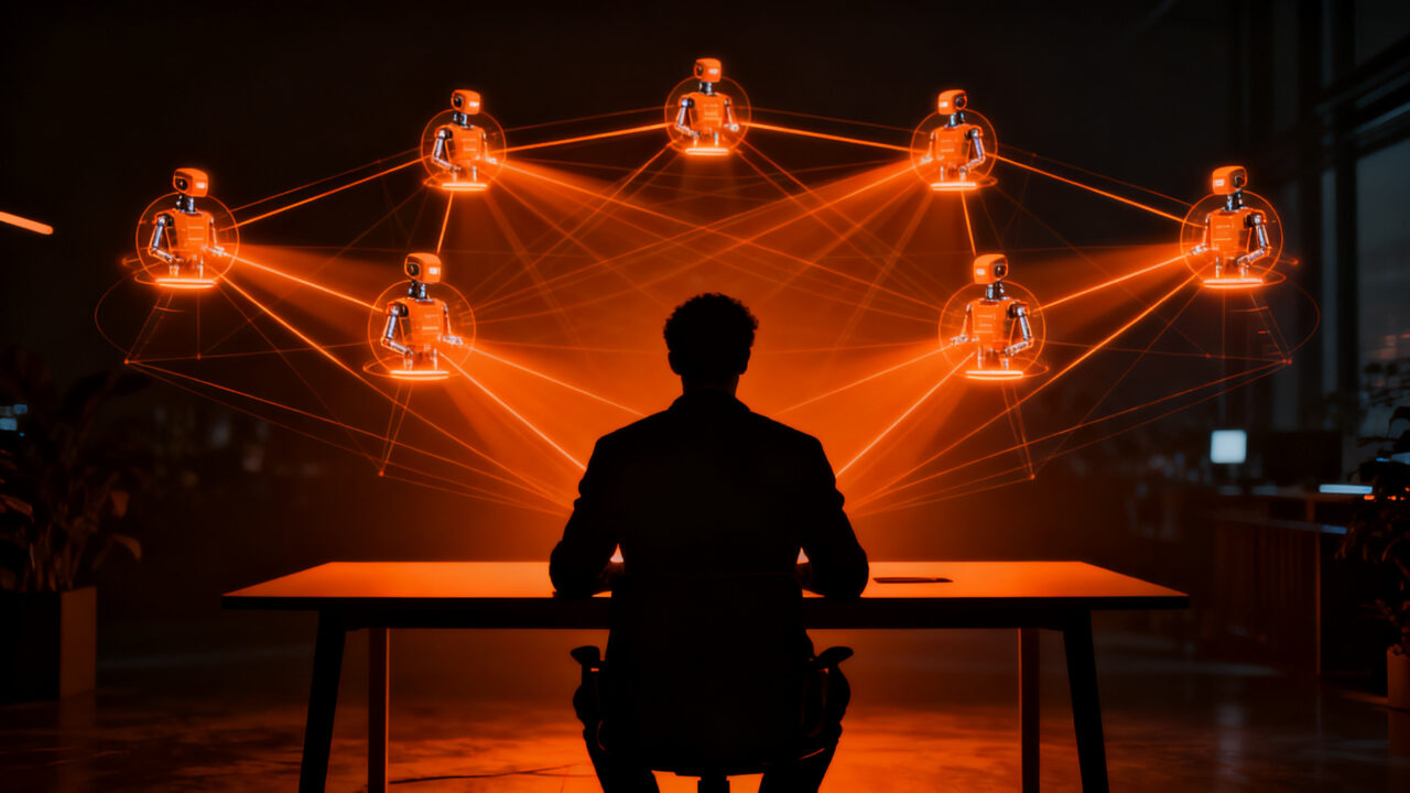 Founder gestionando agentes de IA para automatizar productos digitales con bajo presupuesto, representando productividad y arquitectura de software.