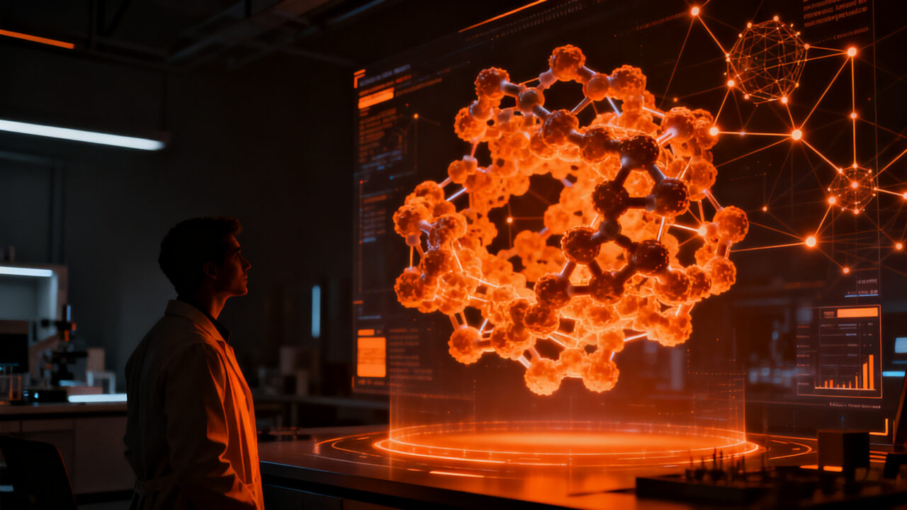 Investigador analizando estructuras moleculares complejas mediante inteligencia artificial, representando la revolución de BioAI en la industria farmacéutica.