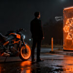 Motocicleta eléctrica Charged Indonesia Ndara en entorno urbano futurista representando movilidad sostenible y mercados emergentes.