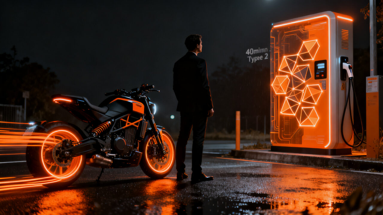 Motocicleta eléctrica Charged Indonesia Ndara en entorno urbano futurista representando movilidad sostenible y mercados emergentes.