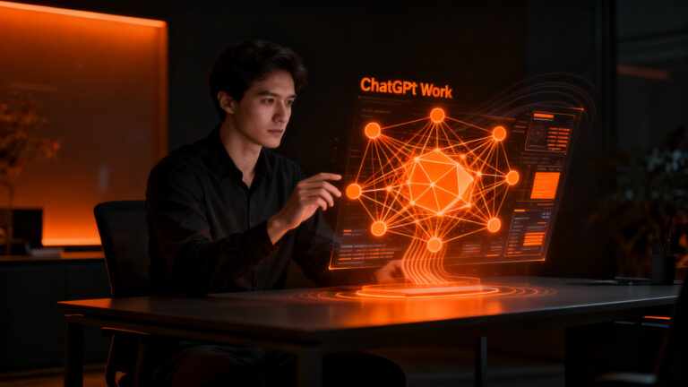 Profesional trabajando con agentes de IA de OpenAI para aumentar la productividad en un entorno corporativo moderno.