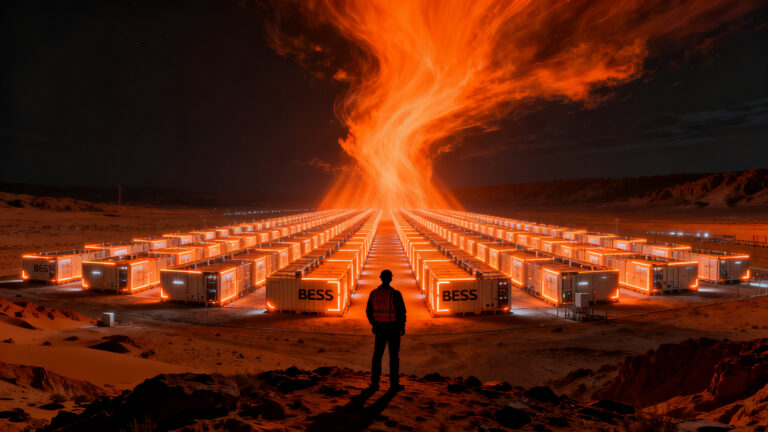 Infraestructura de almacenamiento de energía BESS en el desierto de Antofagasta, impulsando la sostenibilidad en startups y data centers en Chile.