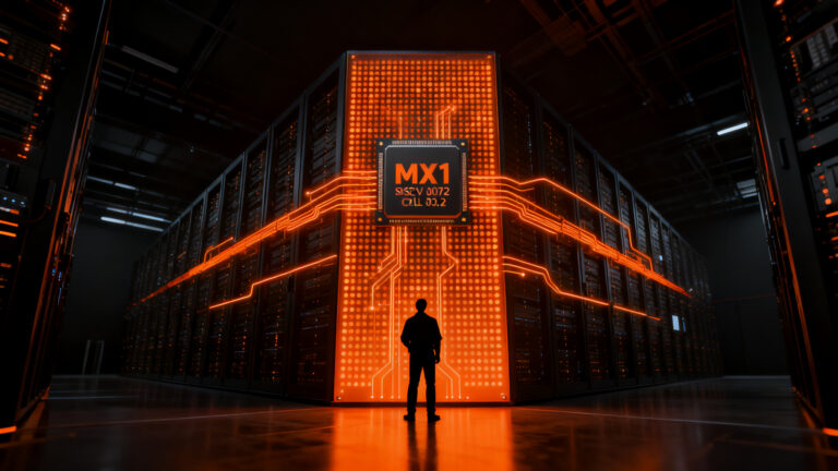 Chip XCENA MX1 con arquitectura RISC-V para infraestructura de IA, destacando su capacidad de procesamiento near-memory y expansión de memoria CXL.