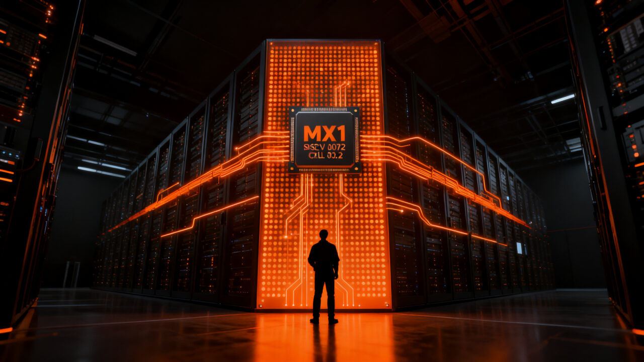 Chip XCENA MX1 con arquitectura RISC-V para infraestructura de IA, destacando su capacidad de procesamiento near-memory y expansión de memoria CXL.