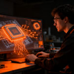 Ingeniero utilizando simulaciones de inteligencia artificial y LLMs para el aprendizaje avanzado de fabricación de chips.