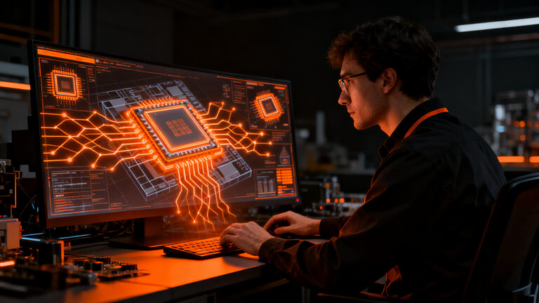 Ingeniero utilizando simulaciones de inteligencia artificial y LLMs para el aprendizaje avanzado de fabricación de chips.