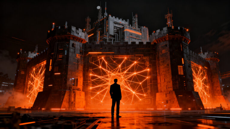 Representación visual de la ciberseguridad en la inteligencia artificial, con siluetas ante una infraestructura crítica digital.