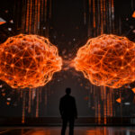Representación conceptual de la ciberseguridad impulsada por IA, mostrando una batalla digital entre inteligencias artificiales y la resiliencia empresarial.