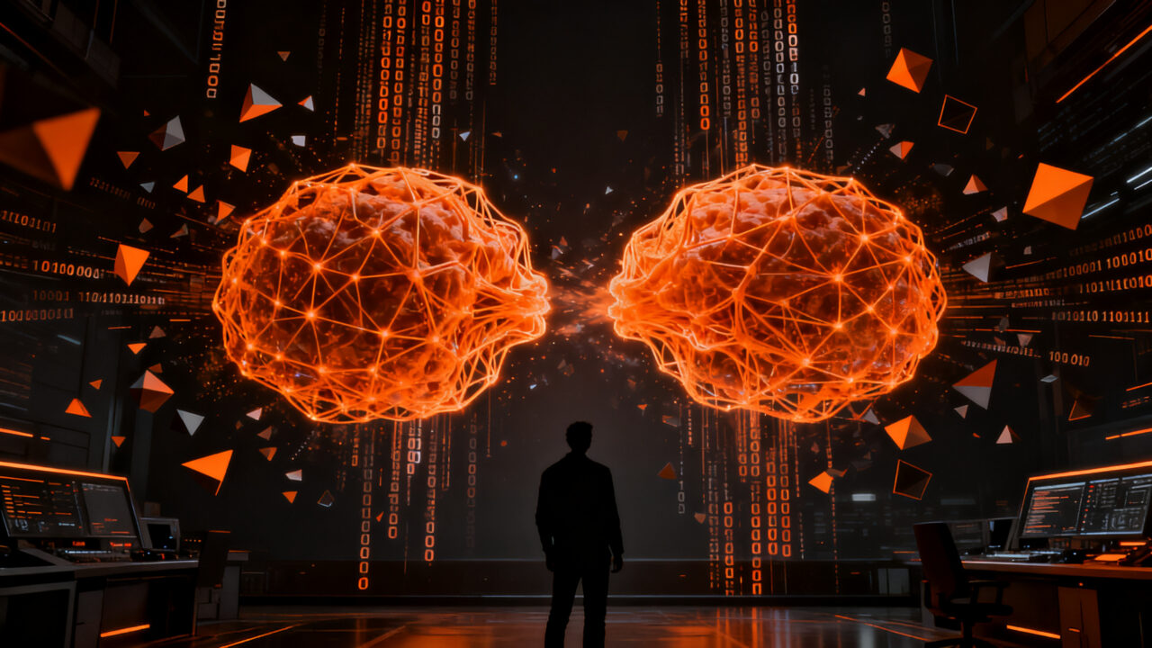 Representación conceptual de la ciberseguridad impulsada por IA, mostrando una batalla digital entre inteligencias artificiales y la resiliencia empresarial.