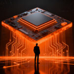 Analista de tecnología observando proyecciones financieras y arquitectura de chips de IA, representando el crecimiento de Nvidia y el impacto en startups.