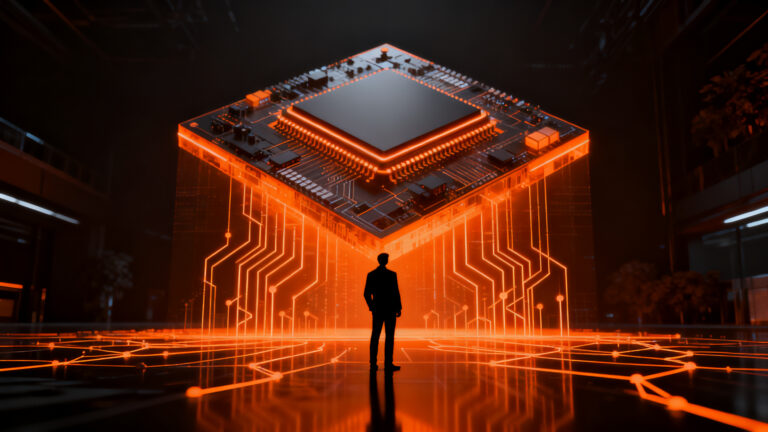 Analista de tecnología observando proyecciones financieras y arquitectura de chips de IA, representando el crecimiento de Nvidia y el impacto en startups.