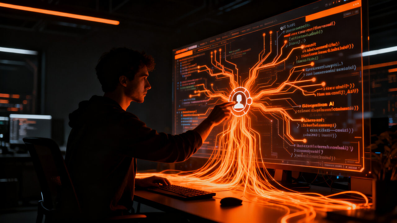 Desarrollador de software colaborando con una inteligencia artificial en la creación de código, representando el debate sobre la coautoría en commits.
