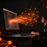 Desarrollador de software interactuando con una interfaz de IA automatizada, representando el modo automático de Claude Code de Anthropic.