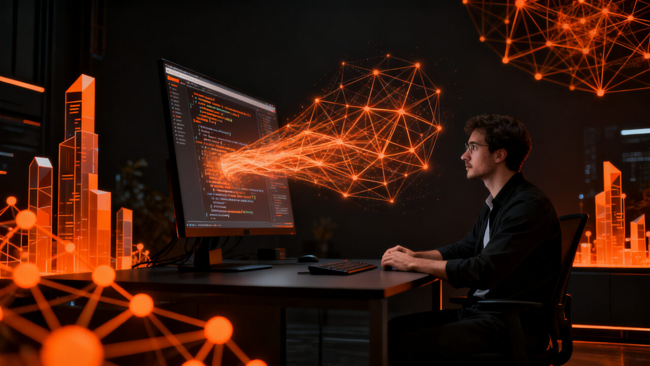 Desarrollador de software interactuando con una interfaz de IA automatizada, representando el modo automático de Claude Code de Anthropic.