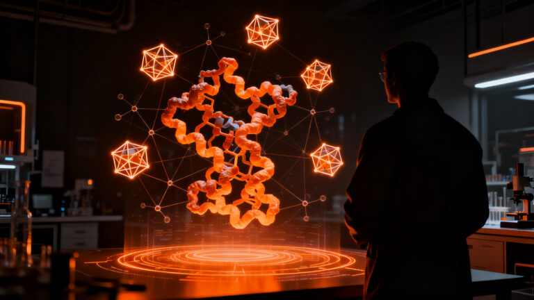 Investigador analizando estructuras de proteínas diseñadas por Claude, representando el avance de la IA en biotecnología.