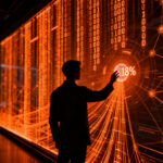 Investigador humano analizando redes de agentes de IA autónoma en un entorno futurista, representando el avance de la inteligencia artificial en la investigación científica.