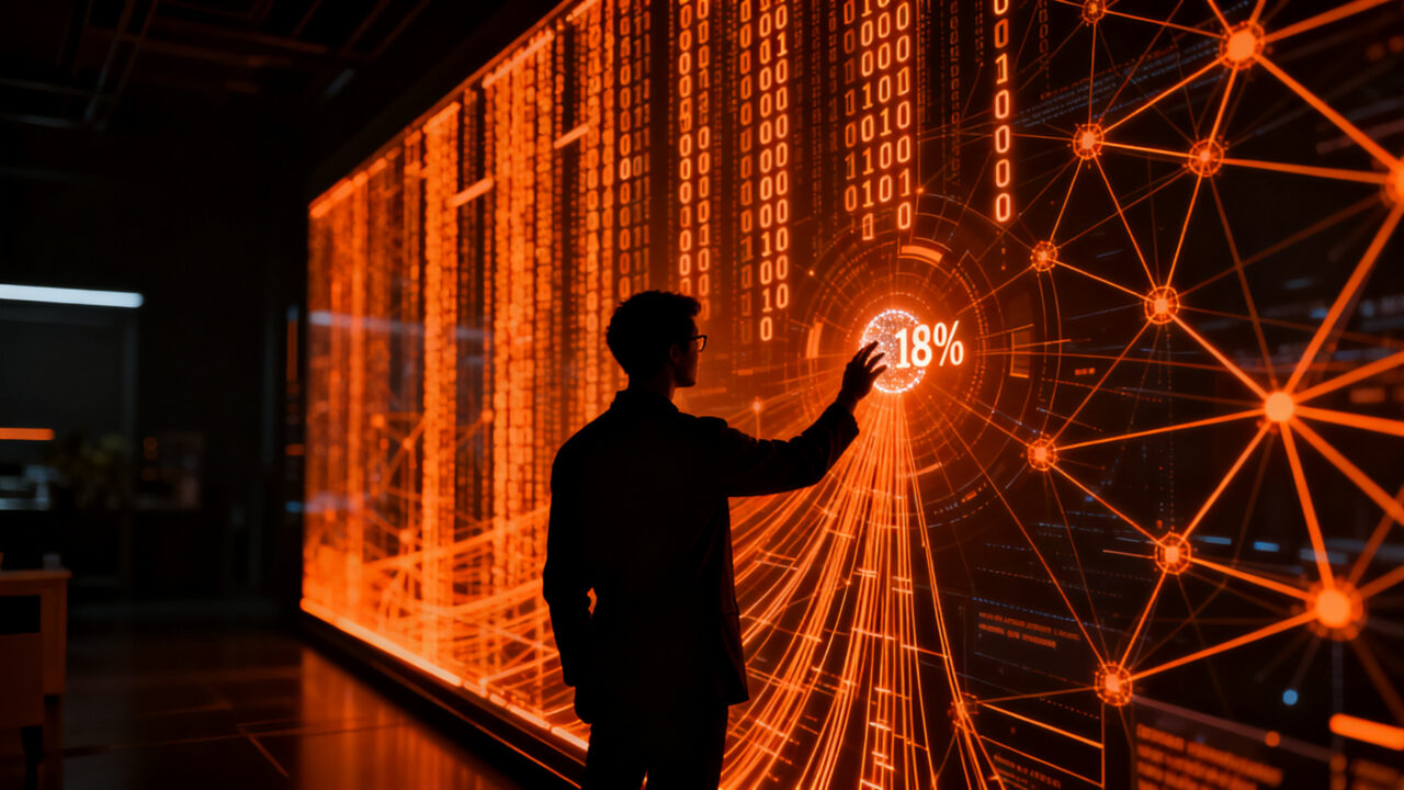 Investigador humano analizando redes de agentes de IA autónoma en un entorno futurista, representando el avance de la inteligencia artificial en la investigación científica.
