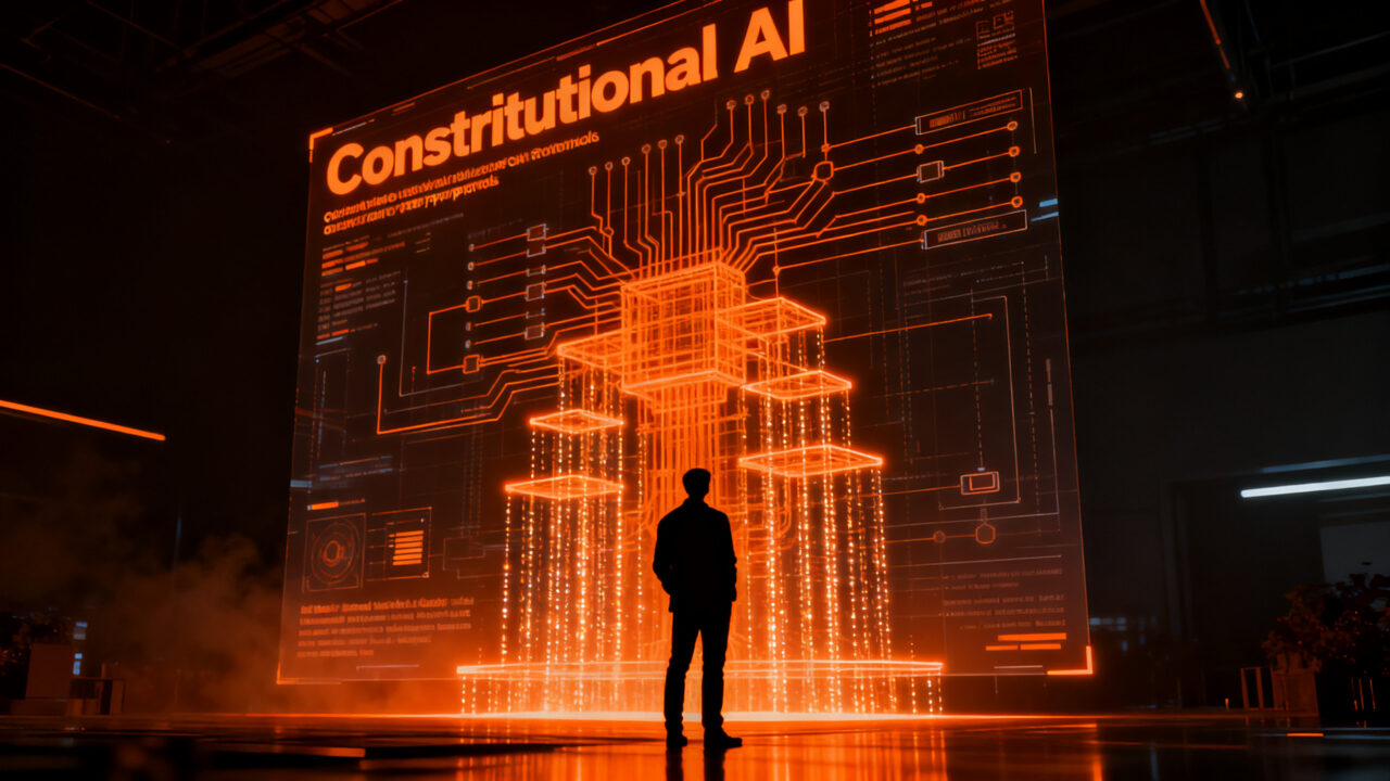 Ilustración conceptual de un desarrollador interactuando con la arquitectura invisible de un sistema de IA, representando los system prompts de Claude.