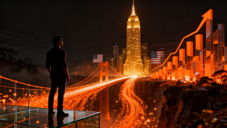 Founder latinoamericano estrechando la mano con una figura de luz en un horizonte financiero, simbolizando la inversión de venture capital de EE.UU. en startups LATAM.
