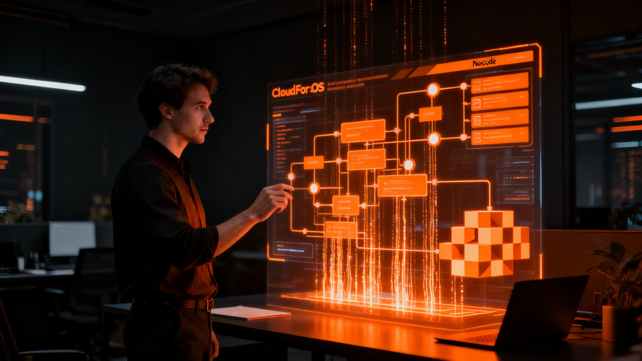 Profesional utilizando plataforma de agentes IA Cloudflare para desarrollo de aplicaciones no-code en entorno empresarial.