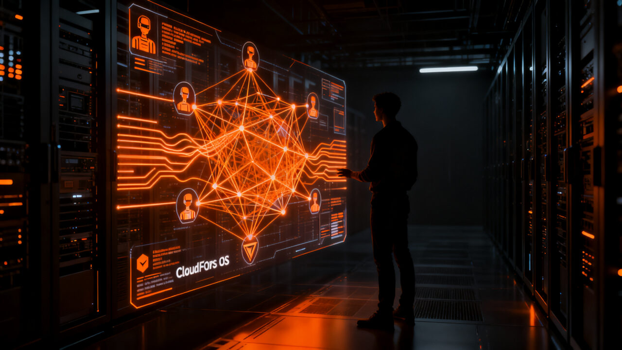 Profesional tecnológico interactuando con la arquitectura de Cloudflare OS para agentes de IA enterprise y automatización.