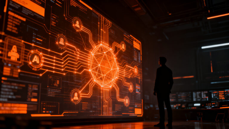 Ejecutivo supervisando una red de agentes de IA automatizada, representando la productividad y ahorro de tiempo con Cloudflare OS.