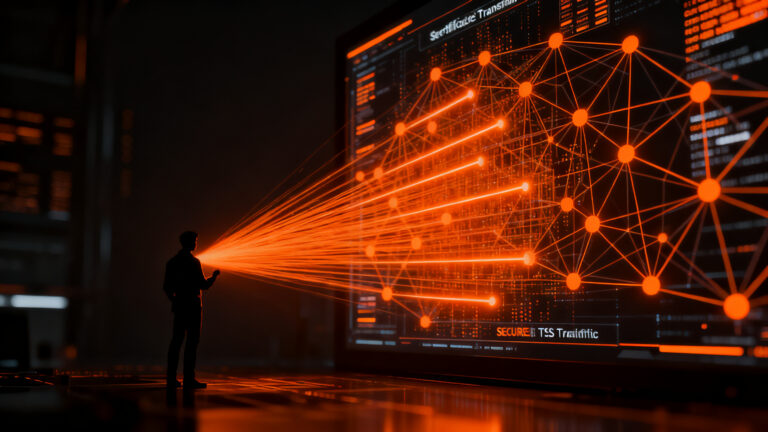 Infraestructura de seguridad digital de Cloudflare filtrando alertas TLS sospechosas en un entorno de red futurista.
