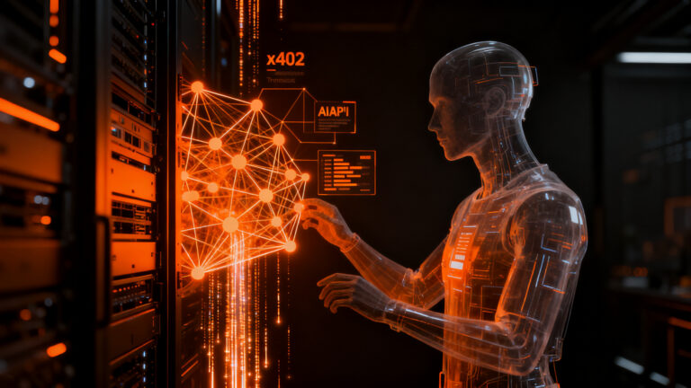 Agente de IA realizando micropagos automáticos mediante Cloudflare Wallets en una infraestructura digital futurista.