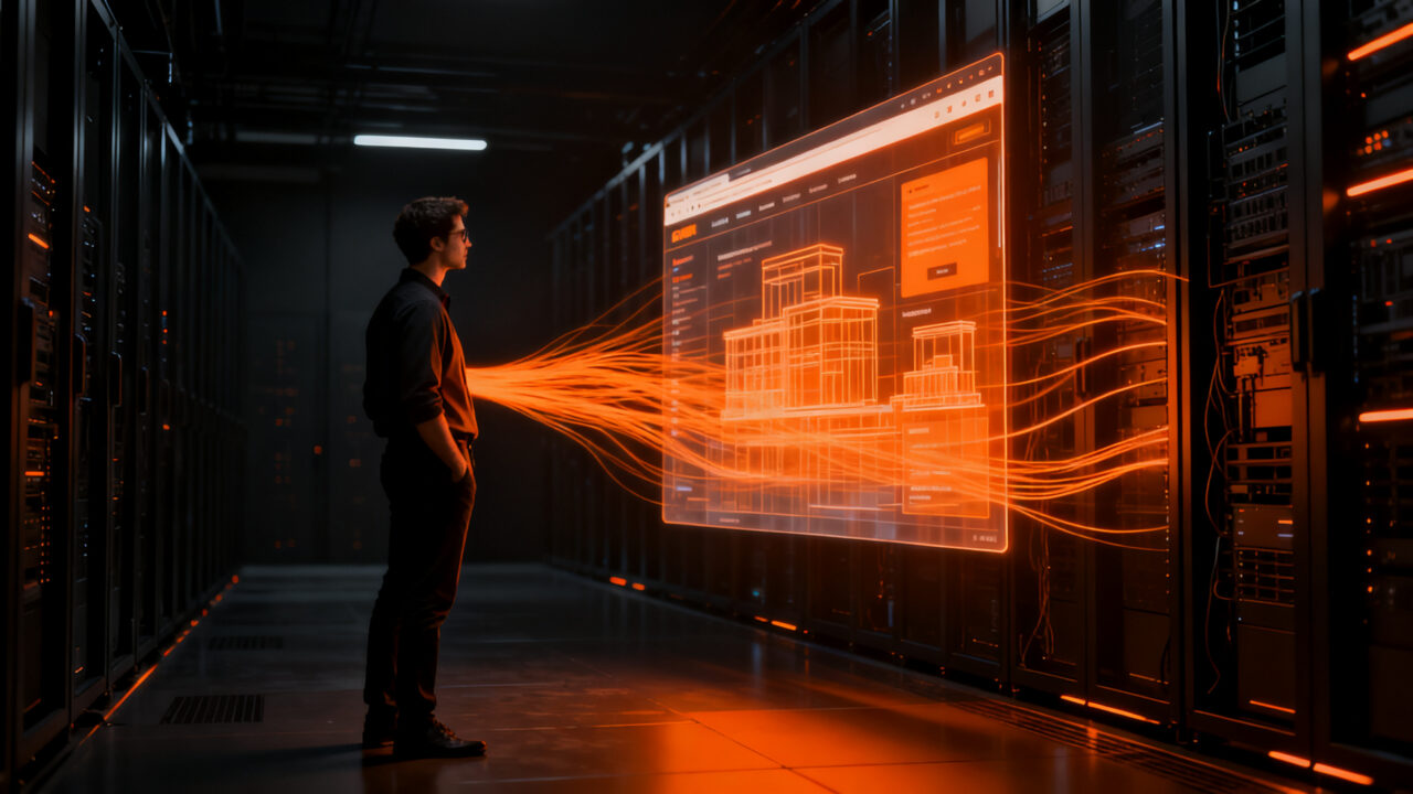 Agente de IA interactuando con infraestructura web mediante Cloudflare WebMCP, automatización sin código para startups.