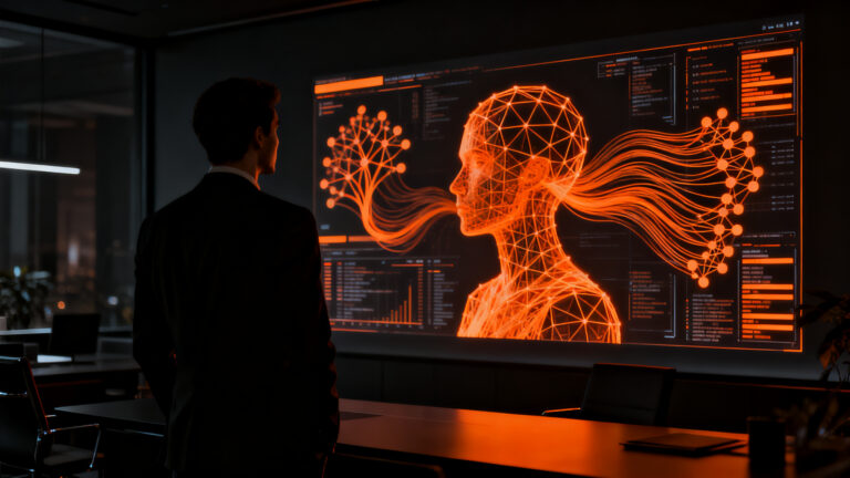 CMO híbrido liderando estrategia de marketing con inteligencia artificial y análisis de datos.