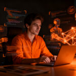 Ingeniero de software colaborando con agentes de IA en una interfaz de código avanzada para optimizar el code review.