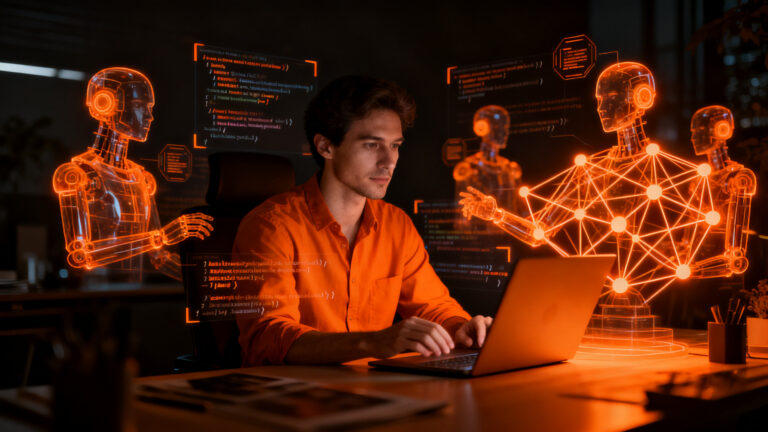 Ingeniero de software colaborando con agentes de IA en una interfaz de código avanzada para optimizar el code review.