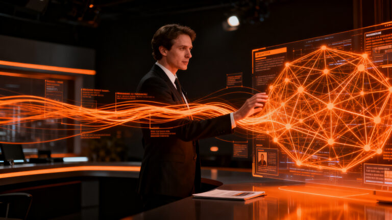 Periodista supervisando algoritmos de inteligencia artificial en una redacción digital moderna, representando la ética y transparencia en medios de comunicación.