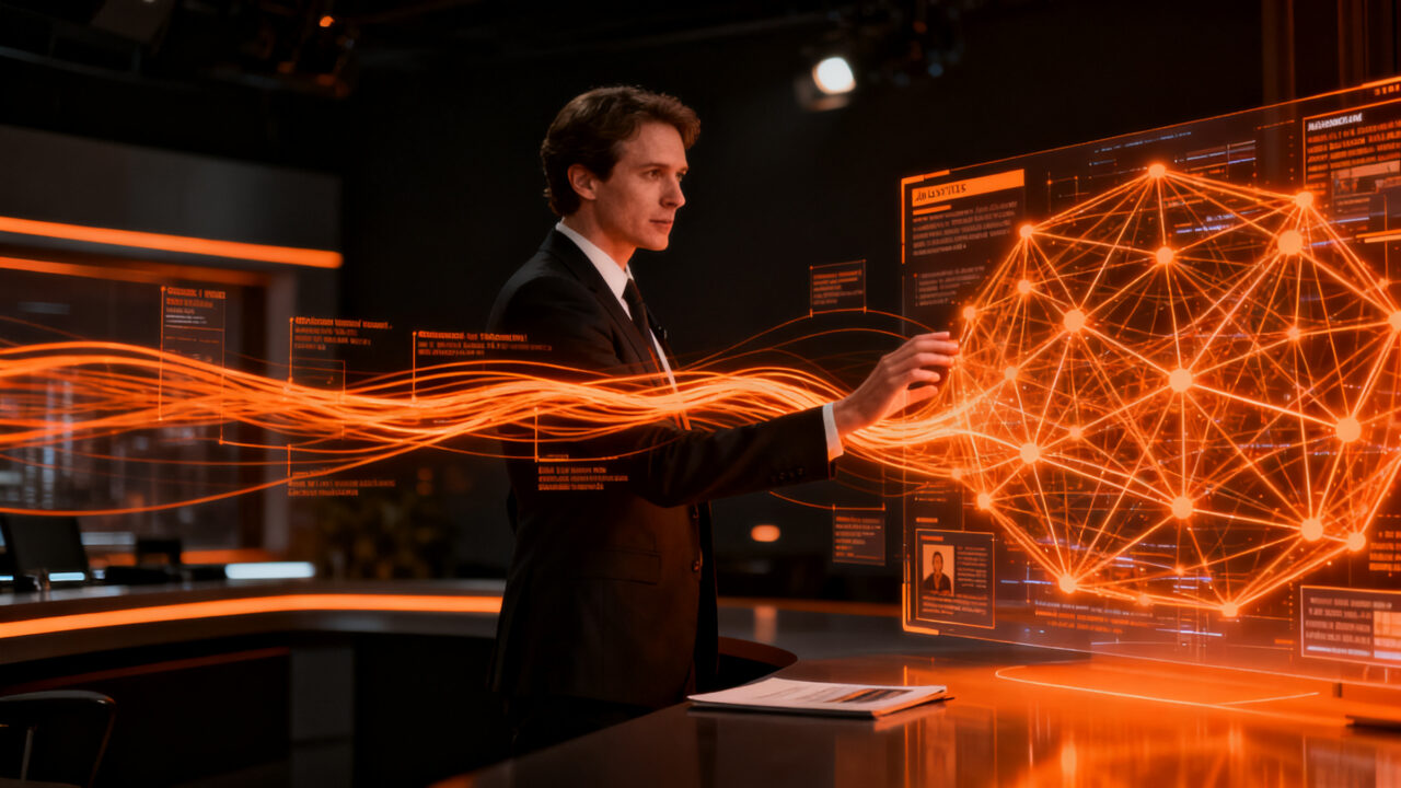 Periodista supervisando algoritmos de inteligencia artificial en una redacción digital moderna, representando la ética y transparencia en medios de comunicación.