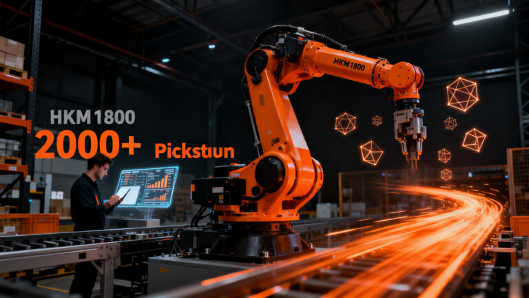 Robot logístico industrial HKM1800 de Cognibotics operando en almacén tecnológico para optimizar la eficiencia logística.