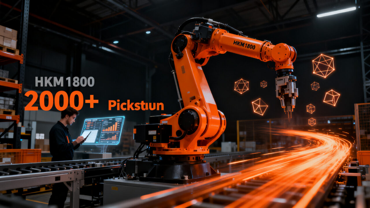Robot logístico industrial HKM1800 de Cognibotics operando en almacén tecnológico para optimizar la eficiencia logística.