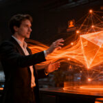 Agente de inteligencia artificial automatizando transacciones DeFi en el ecosistema Web3, representando la innovación financiera para startups.
