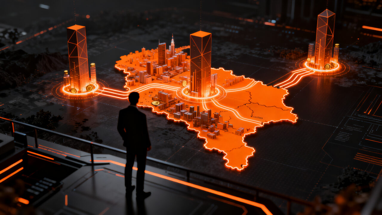 Mapa conceptual de Colombia con nodos de inversión y startups, representando el crecimiento del ecosistema tecnológico regional.