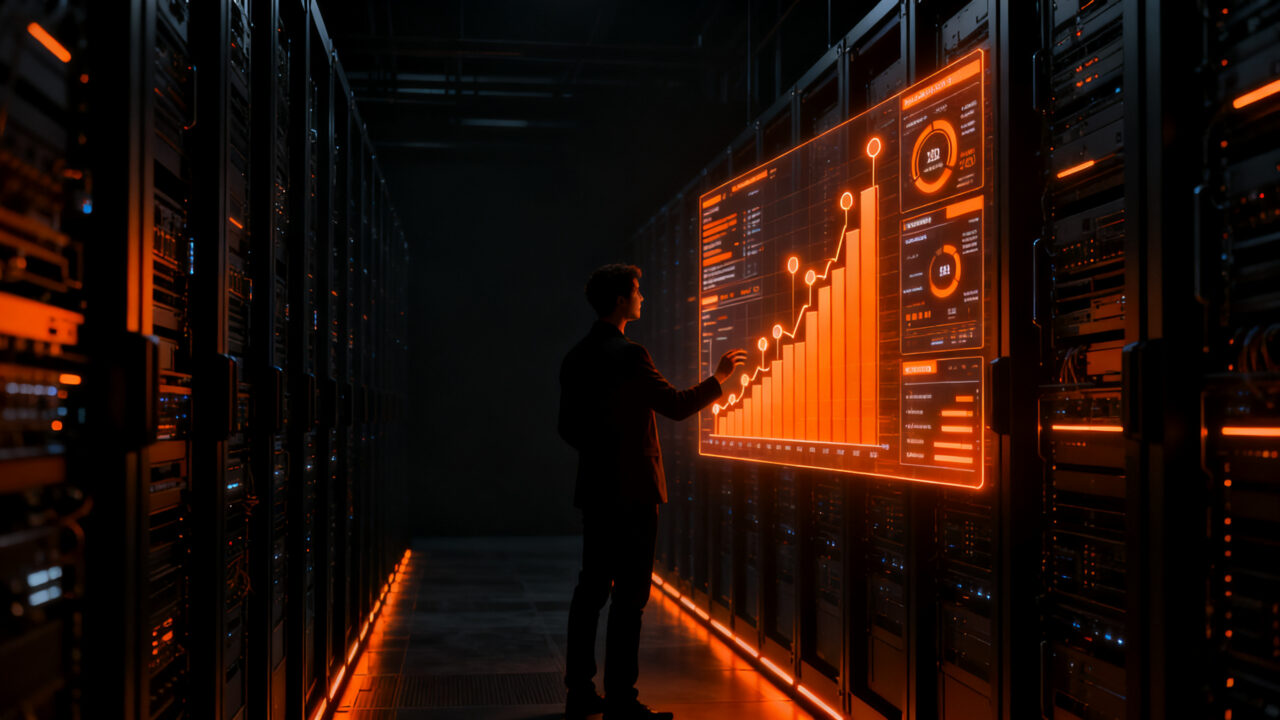 Sysadmin o fundador analizando infraestructura de servidores Linux mediante monitoreo de hardware para optimización de costos.