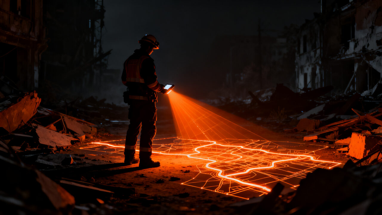 Rescatista utilizando tecnología de mapeo offline CoMaps en una zona de emergencia en Venezuela para coordinar ayuda humanitaria.