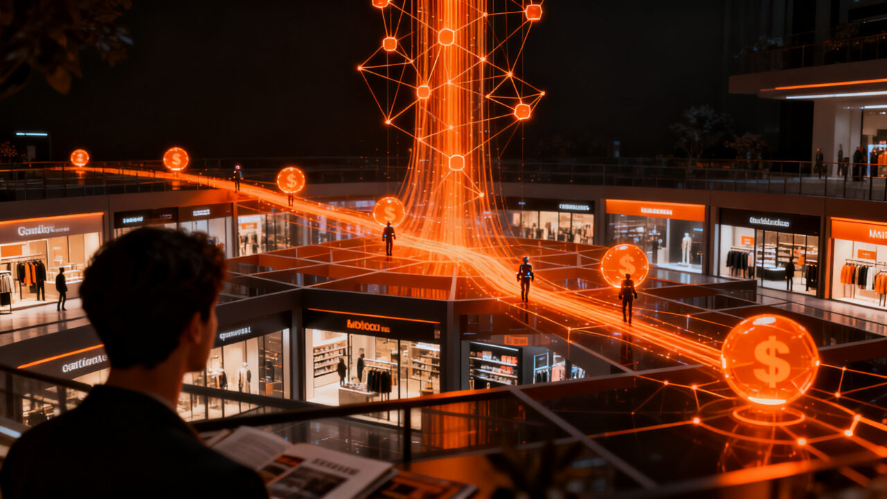 Concepto de comercio agéntico donde agentes de IA interactúan con una plataforma de ecommerce, representando el futuro del retail automatizado.