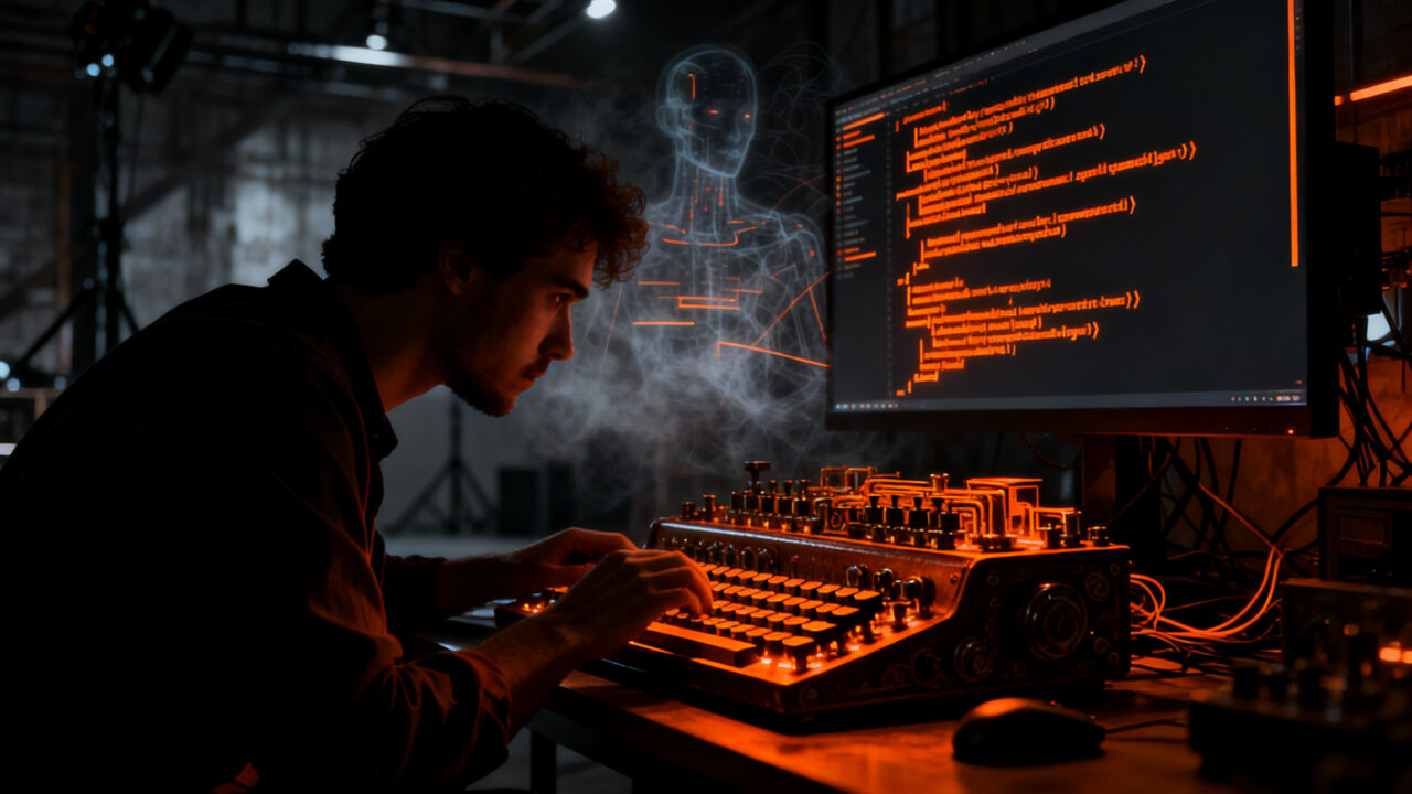 Desarrollador programando frente a una pantalla analógica, representando la resistencia a la IA y la importancia del aprendizaje técnico.
